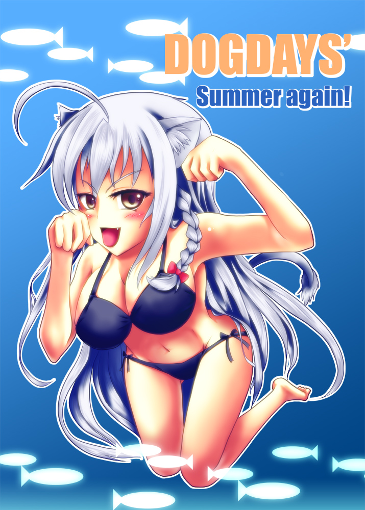animal_ears bikini breasts brown_eyes cat_ears dog_days frey large_breasts leonmitchelli_galette_des_rois long_hair solo swimsuit tail white_hair
