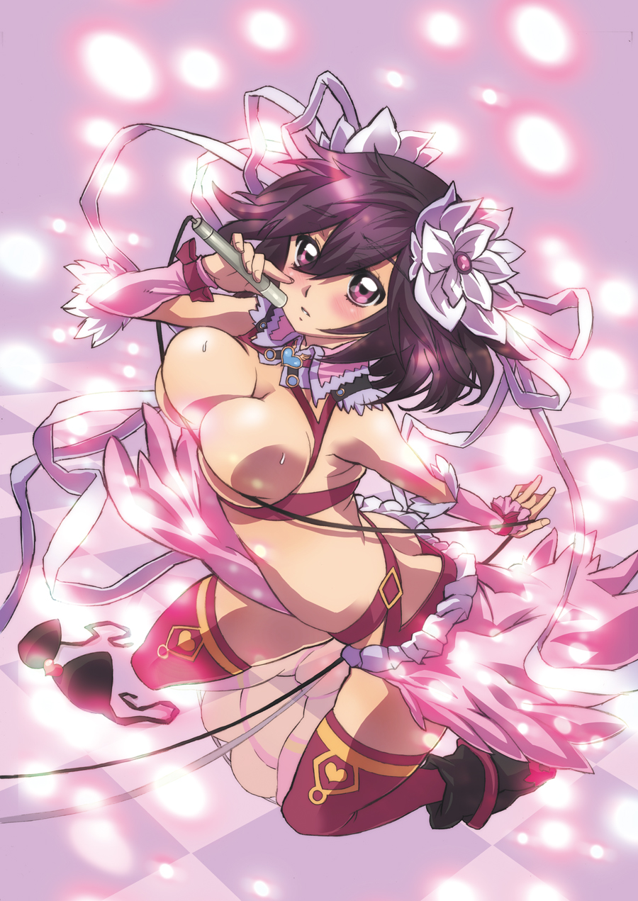 arched_back black_bra black_hair blush boots bra bra_removed breasts cable character_request checkered checkered_floor elbow_gloves flower gloves hair_flower hair_ornament highres holding kneeling large_breasts microphone milktea_scandal nagy official_art parted_lips pink_gloves purple_eyes purple_legwear reflective_floor short_hair solo thighhighs underwear