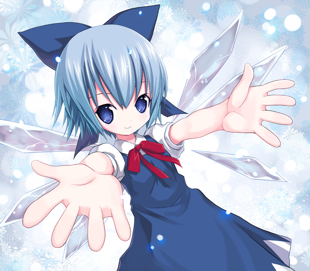 blue_eyes blue_hair bow cirno hands ice ice_wings kiira outstretched_arms ribbon short_hair smile solo touhou wings