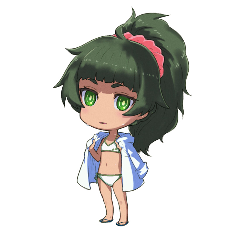 1girl ahoge bangs bikini black_footwear blunt_bangs chibi flat_chest flip-flops full_body green_eyes green_hair hair_ornament hair_scrunchie hiyajou_maho hood hood_down hoodie long_hair looking_at_viewer menomorute navel open_mouth parted_lips ponytail ringed_eyes sandals scrunchie short_eyebrows side-tie_bikini sidelocks simple_background solo standing star_(symbol) star_print steins;gate steins;gate_0 swimsuit tsurime wet white_background white_bikini white_hoodie