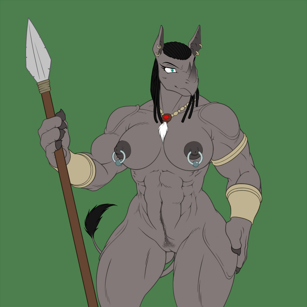 abs armband biceps big_breasts black_hair blue_eyes breasts dalus ear_piercing female gauntlets hair invalid_tag jewelry mammal muscles muscular_female necklace nipple_piercing nipples nude piercing polearm pubes pubic_hair pussy rhinoceros solo spear tribal warrior weapon
