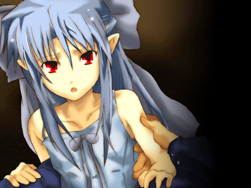 arm_grab bad_id bad_pixiv_id crossover flat_chest lowres melty_blood parody pointy_ears red_eyes saya saya_no_uta solo_focus style_parody tententensan tsukihime type-moon white_len