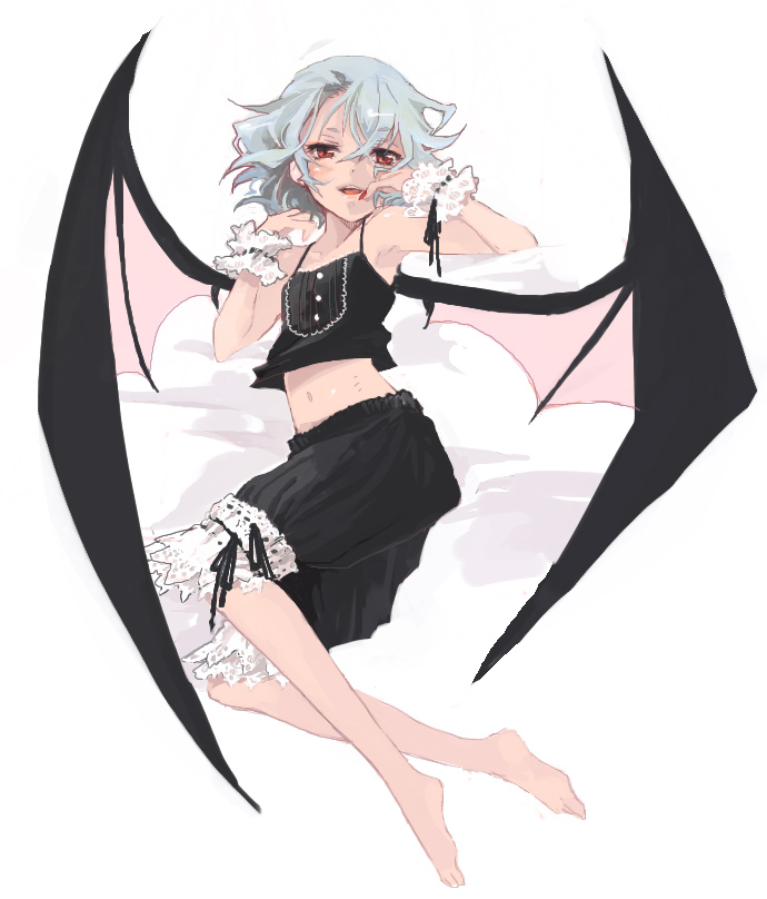 alternate_costume armpits bad_id bad_pixiv_id barefoot bat_wings black_bloomers bloomers blue_hair bowed_wings camisole demon_wings feet flat_chest frills full_body gothic large_wings looking_at_viewer lying midriff nail_polish navel no_hat no_headwear red_eyes red_nails remilia_scarlet shizumi_satou short_hair simple_background smile solo touhou underwear white_background wings wrist_cuffs