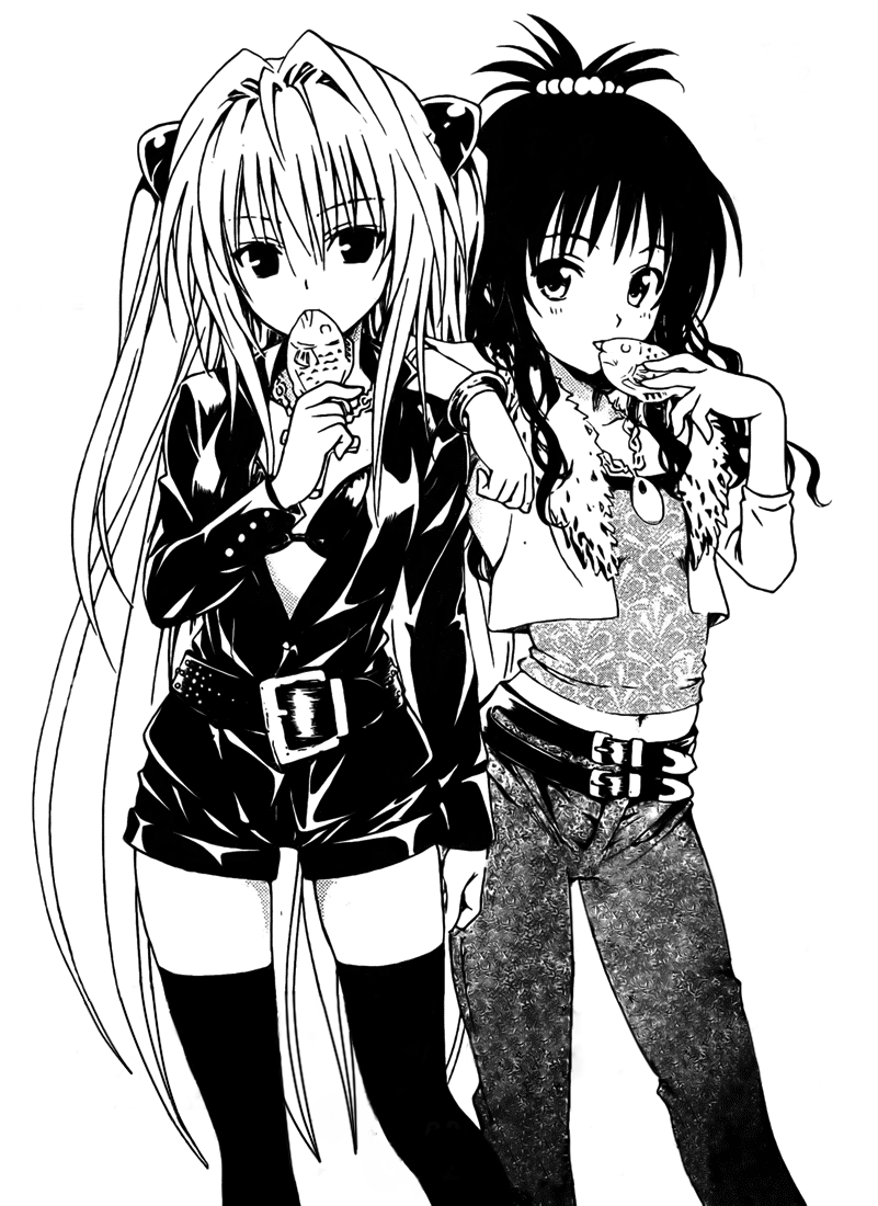 bangs belt blush bra bracelet breasts buttons camisole casual comic cropped_jacket cross cross_necklace denim detexted eating flat_chest food fur_trim gothic greyscale hair_between_eyes hair_bobbles hair_intakes hair_ornament high_collar holding jacket jeans jewelry konjiki_no_yami leather long_hair long_sleeves looking_at_viewer midriff monochrome multiple_belts multiple_girls navel necklace non-web_source official_art open_clothes open_jacket open_shirt pants pendant scan shiny shiny_clothes shirt short_shorts shorts sidelocks simple_background small_breasts standing studded_belt taiyaki thighhighs third-party_edit to_love-ru topknot two_side_up underwear very_long_hair wagashi wavy_hair yabuki_kentarou yuuki_mikan