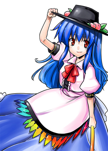 blue_hair food fruit hat hinanawi_tenshi kiku_hitomoji long_hair peach solo sword sword_of_hisou touhou weapon