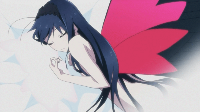 1girl accel_world animated animated_gif antenna antennae ass bed bed_sheet butterfly censored convenient_censoring cuddling flat_chest kuroyukihime long_hair navel nude small_breasts snuggle wings