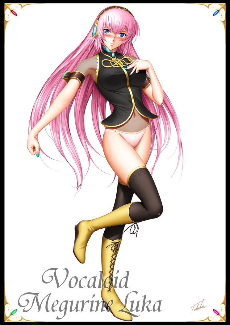 black_legwear blue_eyes blush boots breasts character_name covered_nipples cross-laced_footwear full_body hand_on_own_chest headphones lace-up_boots long_hair medium_breasts megurine_luka nail_polish navel panties pantyshot pink_hair signature skirt skirt_removed solo standing standing_on_one_leg takatan thighhighs underwear very_long_hair vocaloid white_background
