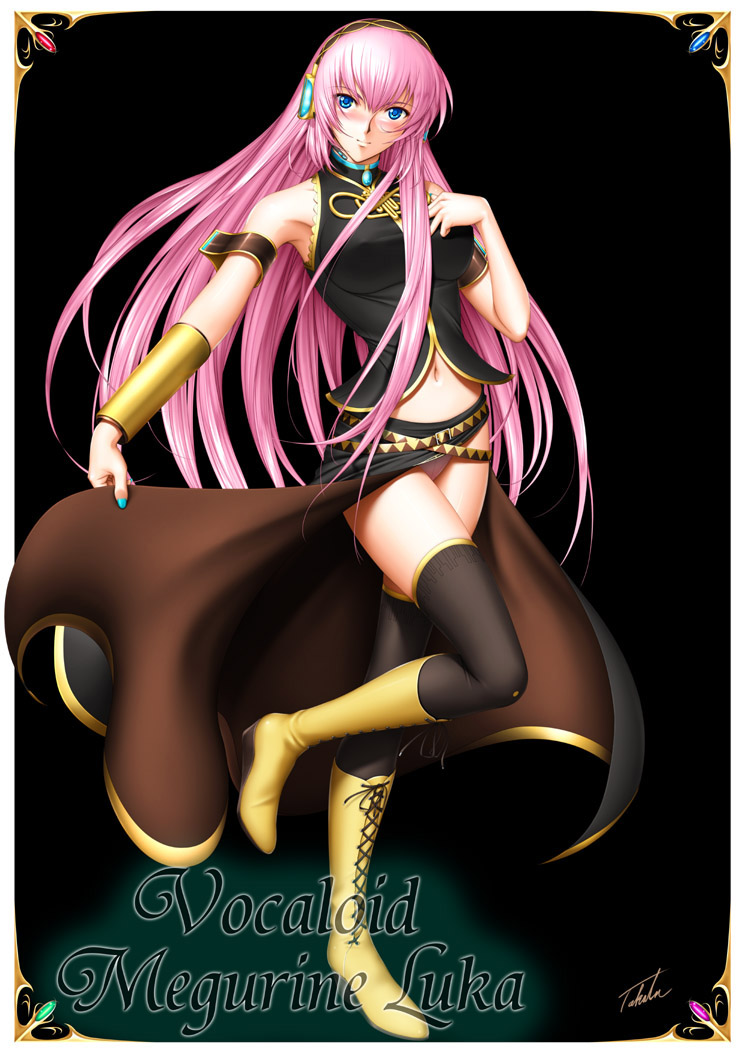 black_background black_legwear blue_eyes blush boots breasts character_name covered_nipples cross-laced_footwear full_body hand_on_own_chest headphones lace-up_boots large_breasts light_smile long_hair megurine_luka nail_polish navel panties pantyshot pink_hair signature skirt_hold smile solo standing standing_on_one_leg takatan thighhighs underwear very_long_hair vocaloid