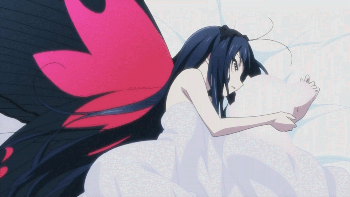 1girl accel_world animated animated_gif antenna antennae bed bed_sheet blush butterfly censored convenient_censoring cuddling flat_chest hug kuroyukihime long_hair nude red_eyes smile snuggle wings