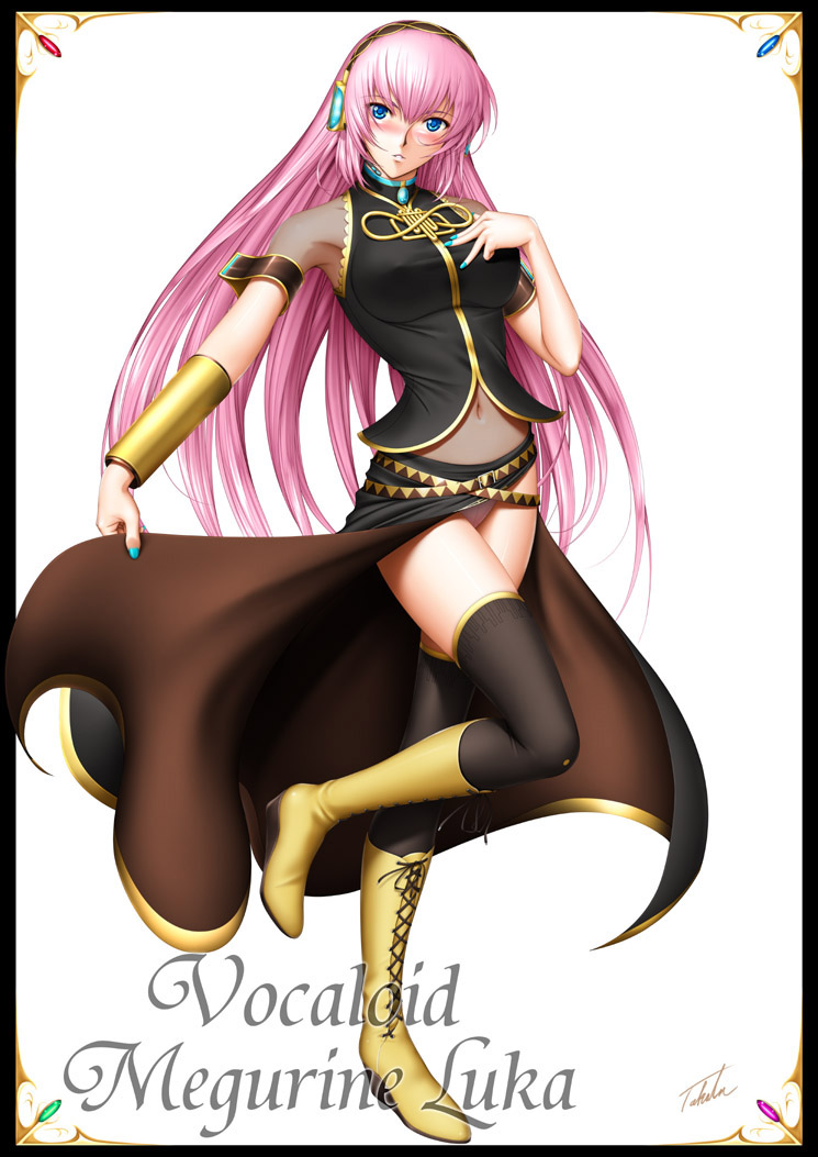 black_legwear blue_eyes blush boots breasts character_name covered_nipples cross-laced_footwear full_body hand_on_own_chest headphones lace-up_boots long_hair medium_breasts megurine_luka nail_polish navel panties pantyshot pink_hair signature skirt_hold solo standing standing_on_one_leg takatan thighhighs underwear very_long_hair vocaloid white_background