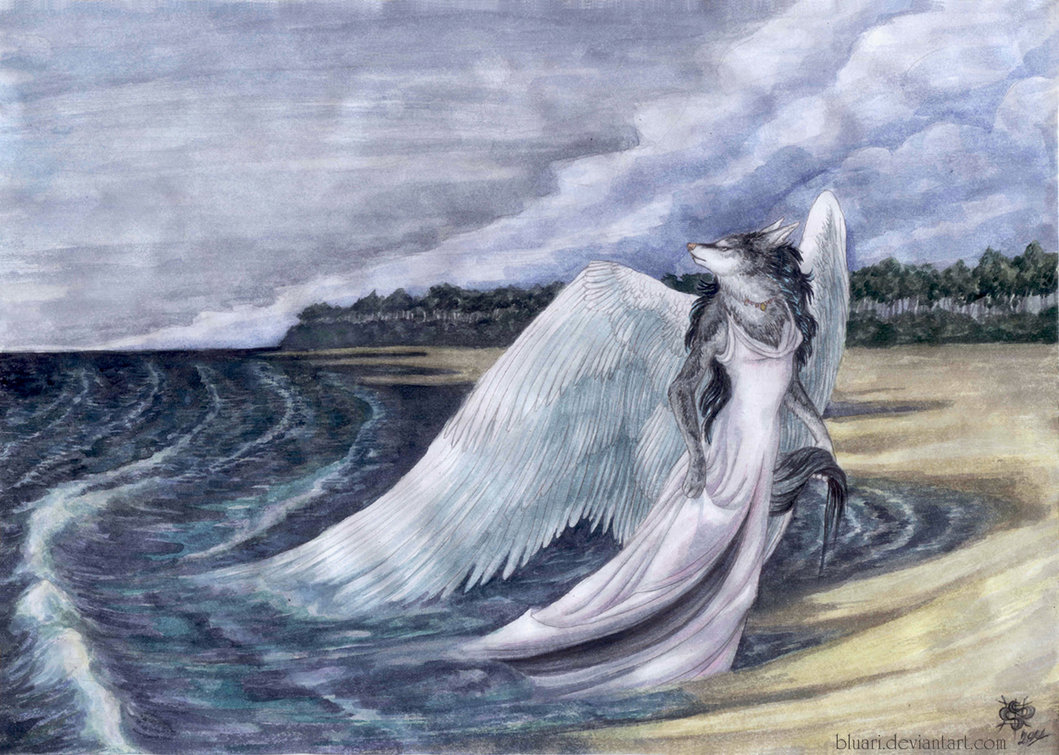 bluari canine dress female goth hair mammal sea shore storm water white wind wings wolf