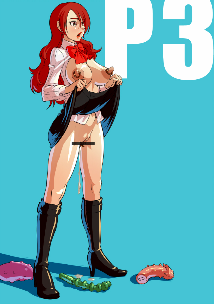 atlus boots bottomless breasts censored clit_ring clitoris_piercing cum cumdrip dildo kirijou_mitsuru large_breasts large_nipples mikoyan nipple_piercing nipples no_panties panties persona persona_3 pierced_nipples piercing pussy red_hair school_uniform skirt skirt_lift underwear vibrator