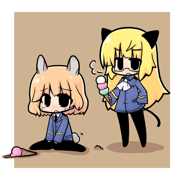amelie_planchard animal_ears bunny_ears bunny_tail cat_ears cat_tail chibi food ice_cream luu multiple_girls pantyhose perrine_h_clostermann strike_witches tail tears world_witches_series