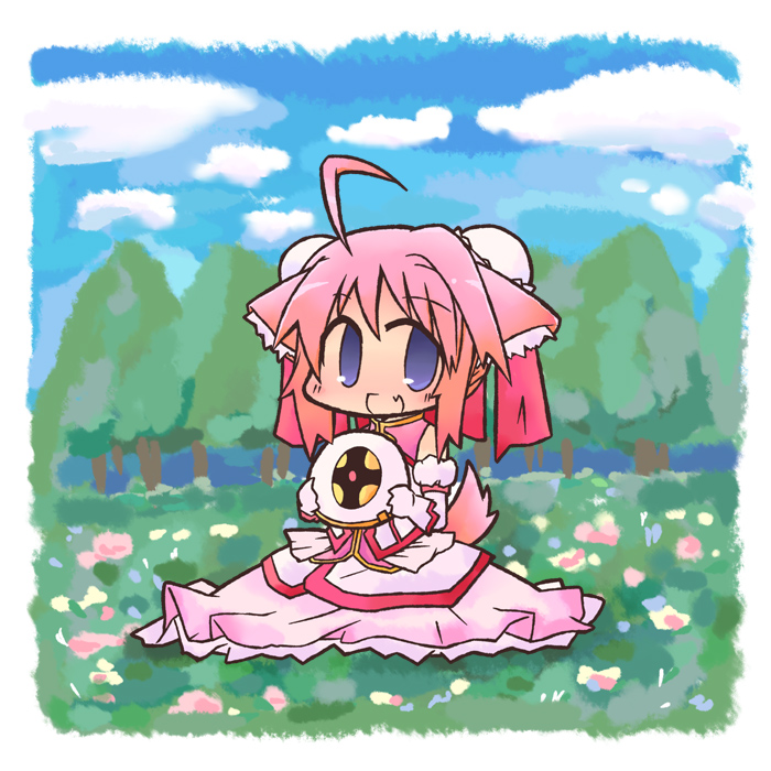 ahoge animal_ears chibi day dog_days dog_ears dog_girl dog_tail fang frisbee gloves hair_ribbon luu millhiore_f_biscotti outdoors pink_hair purple_eyes ribbon solo tail