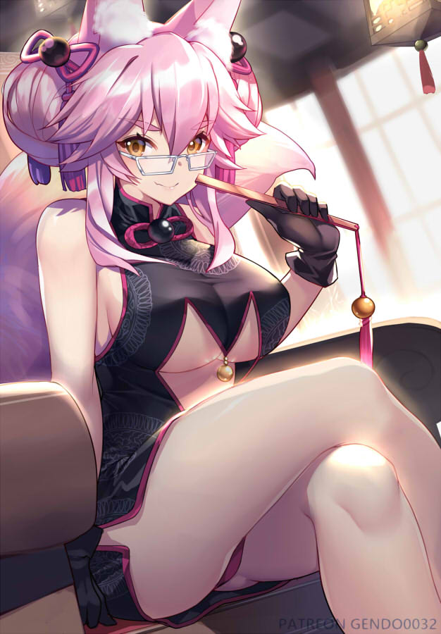 animal_ear_fluff animal_ears breasts commentary_request dress eyebrows_visible_through_hair fate/grand_order fate_(series) fox_ears gendo0032 glasses hair_between_eyes koyanskaya large_breasts looking_at_viewer pink_hair smile solo tail tamamo_(fate)_(all) tamamo_no_mae_(fate) yellow_eyes