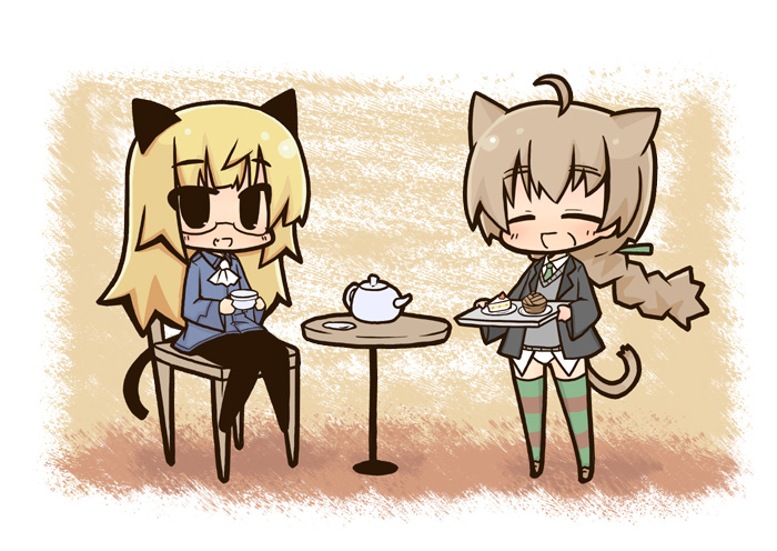animal_ears blonde_hair brown_hair cake cat_ears cat_tail chair food glasses luu lynette_bishop multiple_girls pantyhose perrine_h_clostermann strike_witches striped striped_legwear table tail tea teapot thighhighs world_witches_series