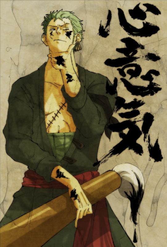 1boy brush earrings eye_closed green_hair haramaki jewelry male male_focus messy one_eye_closed one_piece open_clothes open_shirt oversized oversized_paintbrush paint paintbrush robe roronoa_zoro sash scar shirt solo splatter standing
