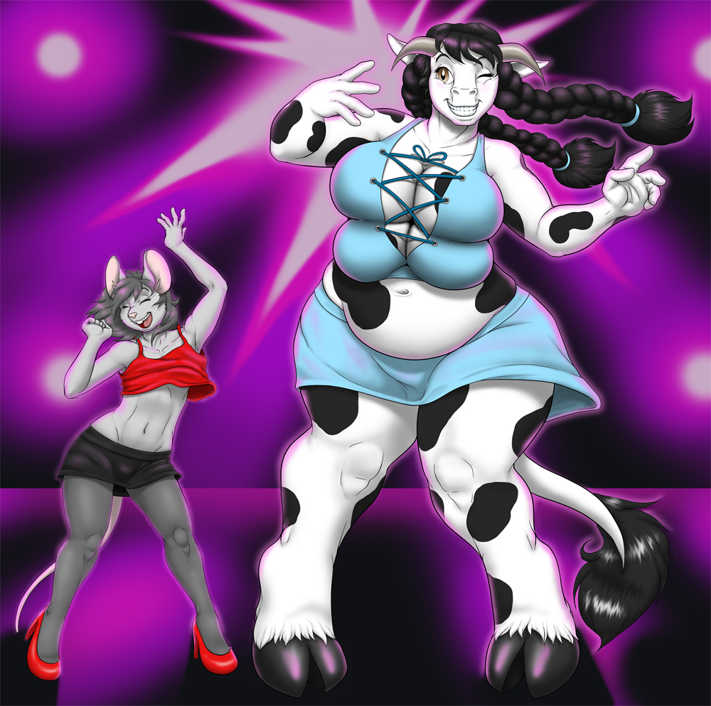 2012 big_breasts black black_hair bovine braids breasts brown_eyes buckteeth chubby clothed clothing cow dancing eyes_closed female grin hair heels high_heels hooves horn invalid_color long_hair mouse multi_breast open_mouth overweight rodent shoes skirt smile spots standing stockings strider_orion tail_tuft teeth thighs tight_clothing tuft twin_tails white wink