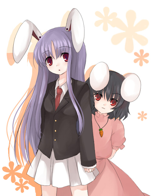 animal_ears black_hair bunny_ears buttons carrot_necklace dress expressionless formal inaba_tewi long_hair long_sleeves looking_at_viewer multiple_girls pink_dress pink_eyes pleated_skirt puffy_short_sleeves puffy_sleeves purple_hair red_eyes reisen_udongein_inaba sakaki_chihiro short_sleeves simple_background skirt suit touhou very_long_hair white_background white_skirt