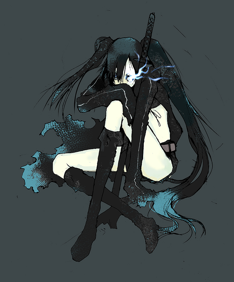 bad_id bad_pixiv_id black_hair black_rock_shooter black_rock_shooter_(character) blue_eyes boots katana long_hair sitting solo sword tamaoki_benkyou twintails uneven_twintails weapon