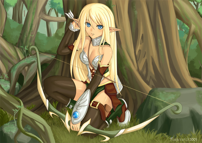 arrow bare_shoulders blonde_hair blue_eyes bow_(weapon) copyright_request detached_sleeves elf kaizeru kneeling long_hair pointy_ears solo thighhighs weapon
