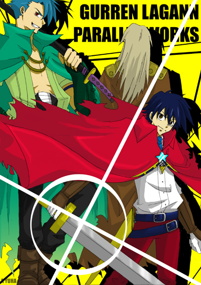 bad_id bad_pixiv_id blue_hair brown_hair kamina katana long_hair male_focus multiple_boys simon sword tengen_toppa_gurren_lagann tengen_toppa_gurren_lagann:_parallel_works viral weapon yellow_background yuu_(yakit)