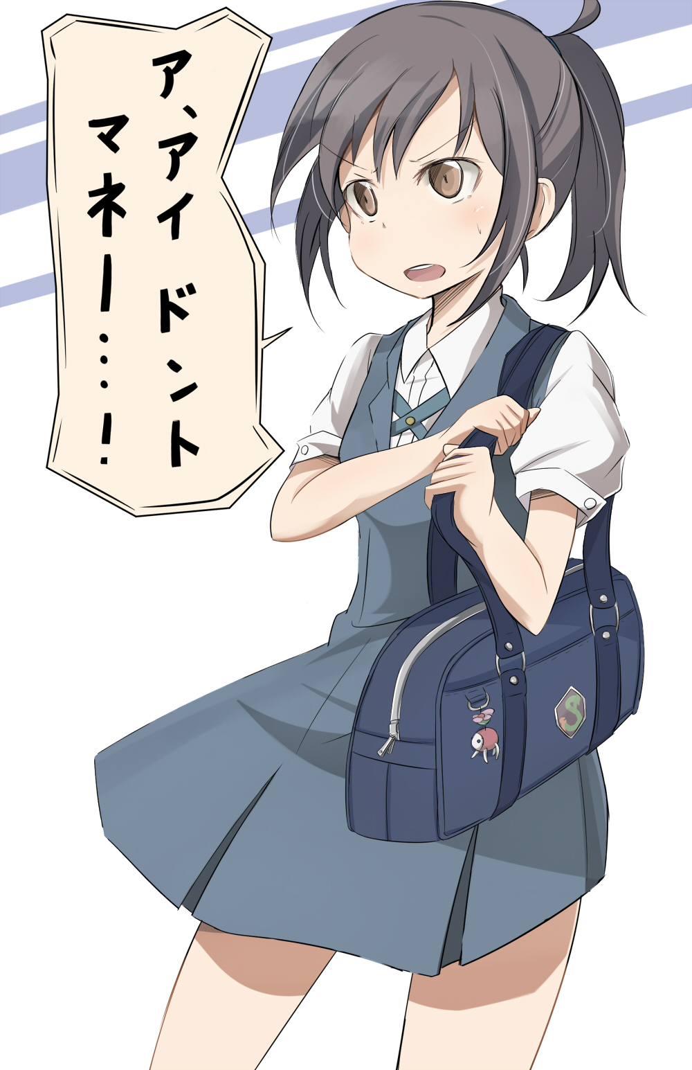 bad_id bad_pixiv_id bag black_hair brown_eyes engrish highres open_mouth ponytail ranguage riva0412 sakai_wakana school_bag school_uniform solo sweatdrop tari_tari translated