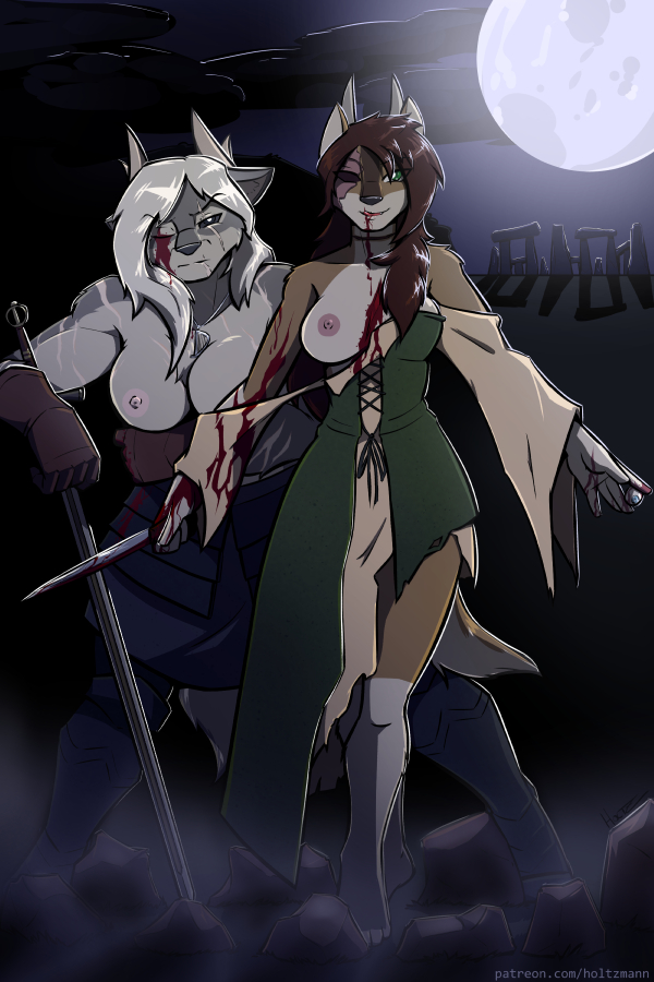black_sclera blood breasts cailleach canine clothed clothing dress eyeball female gore green_eyes grey_hair hair holtzmann horn magic_user mammal melee_weapon moon night red_hair scar sword topless vardr warrior weapon witch wolf