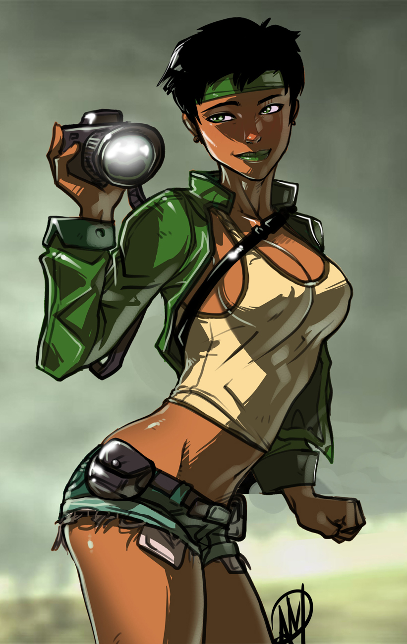 belt beyond_good_and_evil black_hair breasts camera cleavage clenched_hand covered_nipples crop_top cropped_jacket cutoffs earrings ganassa green_eyes green_lipstick headband highres jacket jade_(beyond_good_and_evil) jewelry large_breasts lipstick makeup midriff navel no_bra open_clothes open_jacket pouch shiny shiny_skin shirt short_hair short_shorts shorts sideboob smile solo taut_clothes taut_shirt