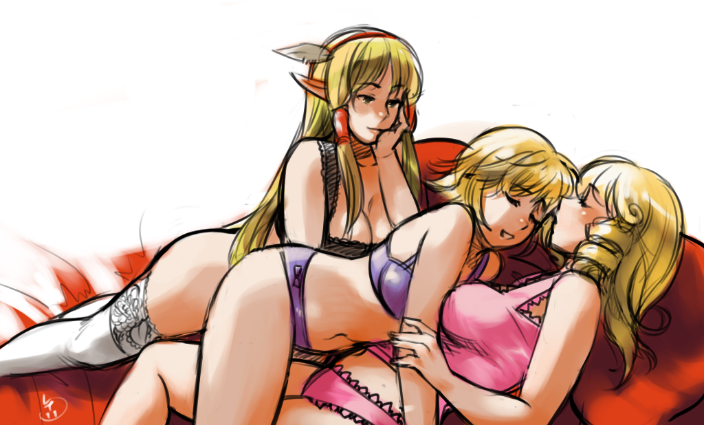 alice_(embric) blonde_hair blush bra breasts cleavage drill_hair embric_of_wulfhammer's_castle falwythwier_windgrace hair_tubes hairband large_breasts long_hair magical_ondine multiple_girls panties pointy_ears sidelocks the_duchess_of_elstwhere thighhighs underwear underwear_only yuri