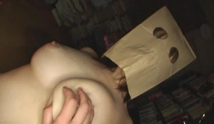 1girl asian bag bag_on_head bdsm bondage bound breast_grab breasts grabbing paper_bag photo