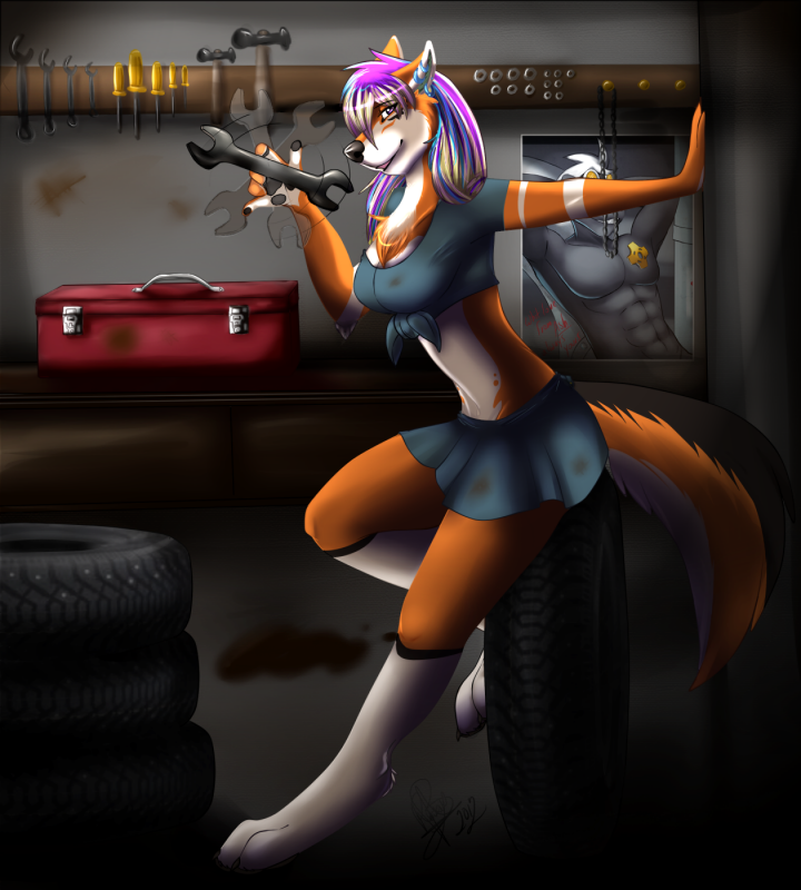 abs anthro black_nose breasts canine chest_tuft cleavage clothed clothing dirty dog female fur hair knee_highs male mammal mechanic open_mouth orange_fur orange_markings pink_hair pinup piper pose poster shirt skirt spanner stripes tied_shirt tire tires tool toolbox tools tuft white_belly white_fur wolflady wrench