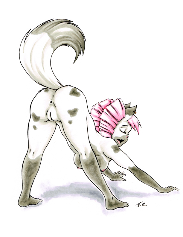 anus bent_over breasts cat ear_piercing feline female fur gray_fur grey_fur hair mammal nude piercing pink_hair pussy raised_tail risingdragon solo stretching