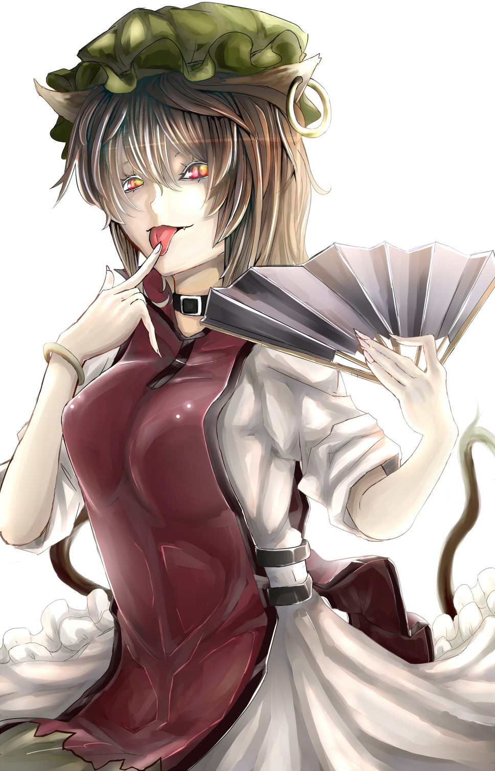 animal_ears bacs bad_id bad_pixiv_id bracelet brown_hair cat_ears cat_tail chen fan hat highres jewelry multicolored multicolored_eyes older red_eyes short_hair short_sleeves slit_pupils solo tail tongue touhou white_background yellow_eyes