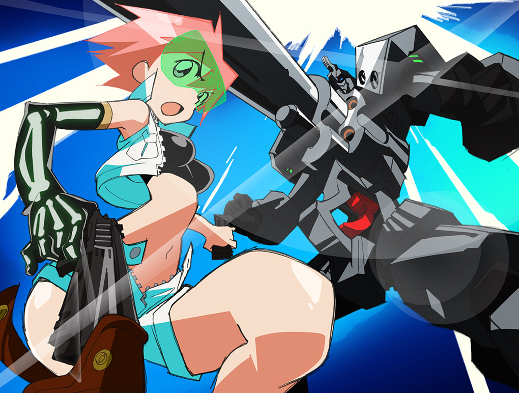 amemiya_akira blue_eyes goggles gun handgun lens_flare mecha midriff navel official_art open_mouth pink_hair revolver short_hair shorts trigger-chan trigger_(company) triggertop unzipped weapon