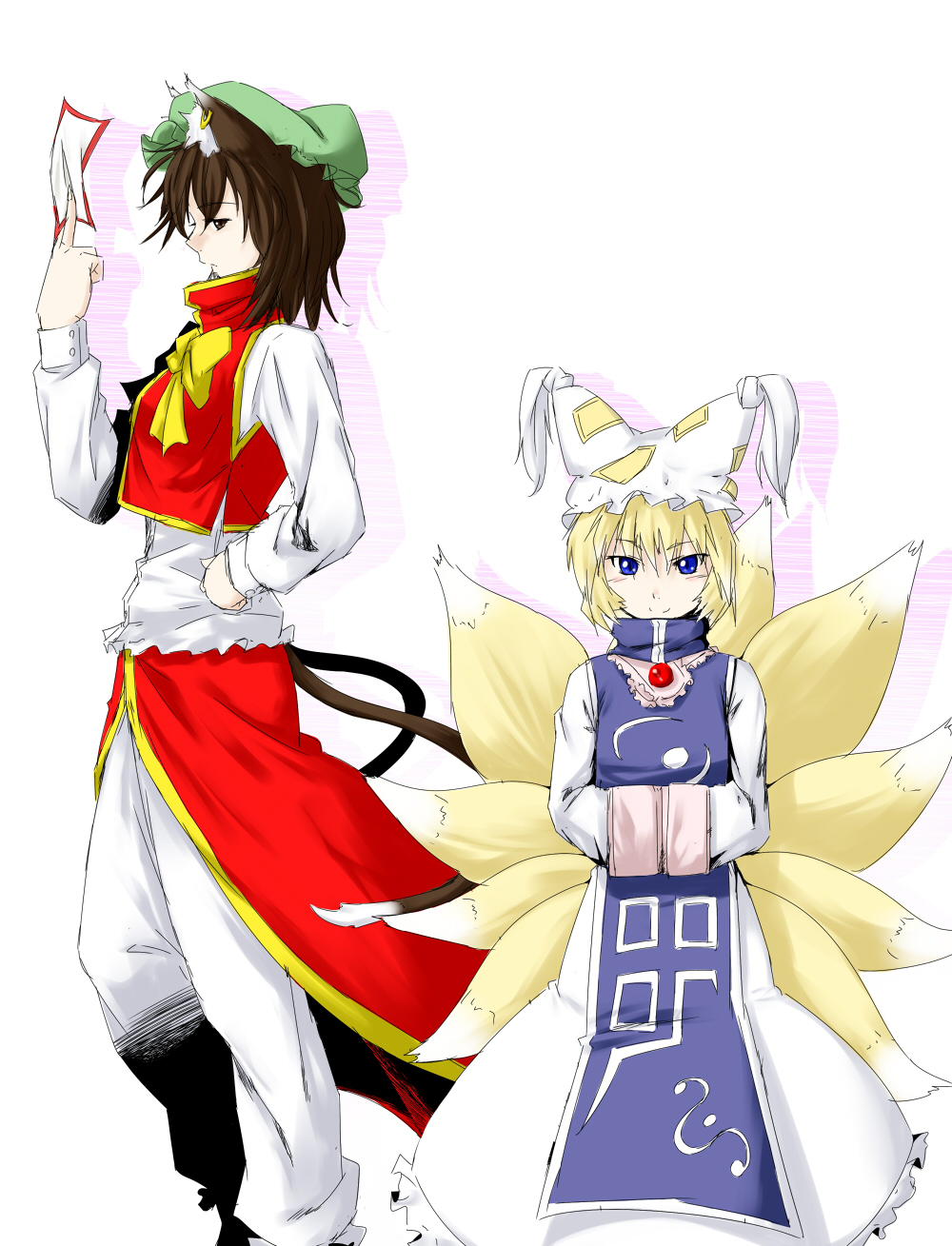 age_switch animal_ears blonde_hair blue_eyes brown_hair cat_ears cat_tail chen fox_tail hat highres multiple_girls multiple_tails niwatazumi older role_reversal short_hair tail touhou yakumo_ran younger