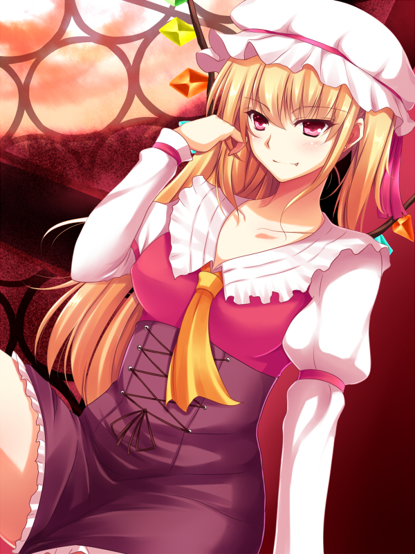 ascot bad_id bad_pixiv_id blonde_hair blush collarbone crystal fang flandre_scarlet hat hat_ribbon long_hair moon older red_eyes red_moon ribbon side_ponytail smile solo touhou wings yappen