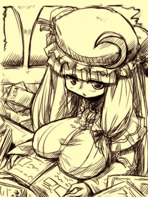 :&lt; blush book breast_rest breasts capelet covered_nipples crescent dress hair_ribbon hat hirowa_nagi indoors large_breasts long_hair monochrome patchouli_knowledge ribbon sidelocks solo straight_hair sweat touhou tress_ribbon very_long_hair yellow