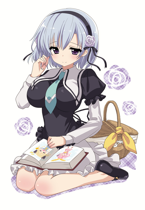 bad_id bad_pixiv_id basket blush book breasts hairband henriette_mystere impossible_clothes impossible_shirt large_breasts purple_eyes shirt silver_hair sitting solo tantei_opera_milky_holmes tsukigami_runa wariza