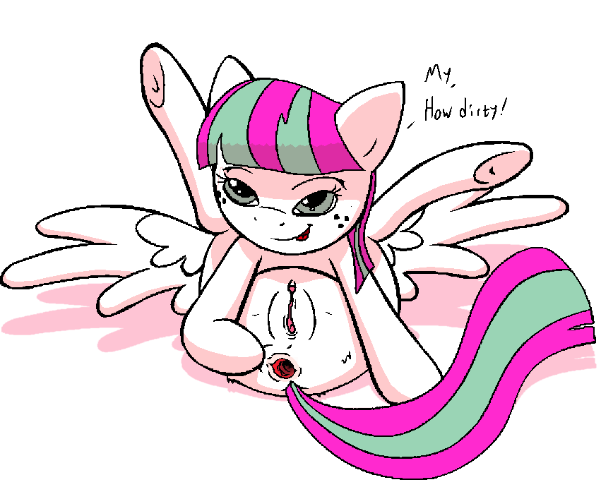 bloss blossomforth_(mlp) blue_eyes english_text equine female feral flexible freckles friendship_is_magic gaping gaping_anus hair mammal my_little_pony pegasus presenting pussy solo spreading text two_color_hair two_tone_hair unknown_artist wings