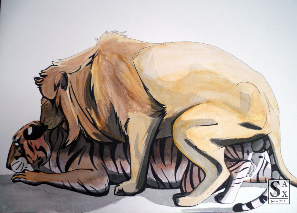 anal_penetration balls couple eyes_closed feline feral feral_on_feral forced from_behind fur gay lion male mammal penetration pinned plain_background rape realistic sax sex shadow stripes tiger traditional_media watercolor watercolour white_background