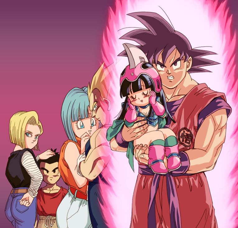 3girls age_regression android_18 angry aqua_eyes aqua_hair bad_id bad_pixiv_id belt black_hair blonde_hair blue_eyes boots bulma chi-chi_(dragon_ball) clenched_teeth clothes_writing denim dragon_ball dragon_ball_(classic) dragon_ball_z gloves gradient gradient_background hand_on_head husband_and_wife jeans kaio_ken kuririn multiple_boys multiple_girls muscle origami_(red) pants pink_footwear purple_background son_gokuu super_saiyan teeth time_paradox vegeta younger