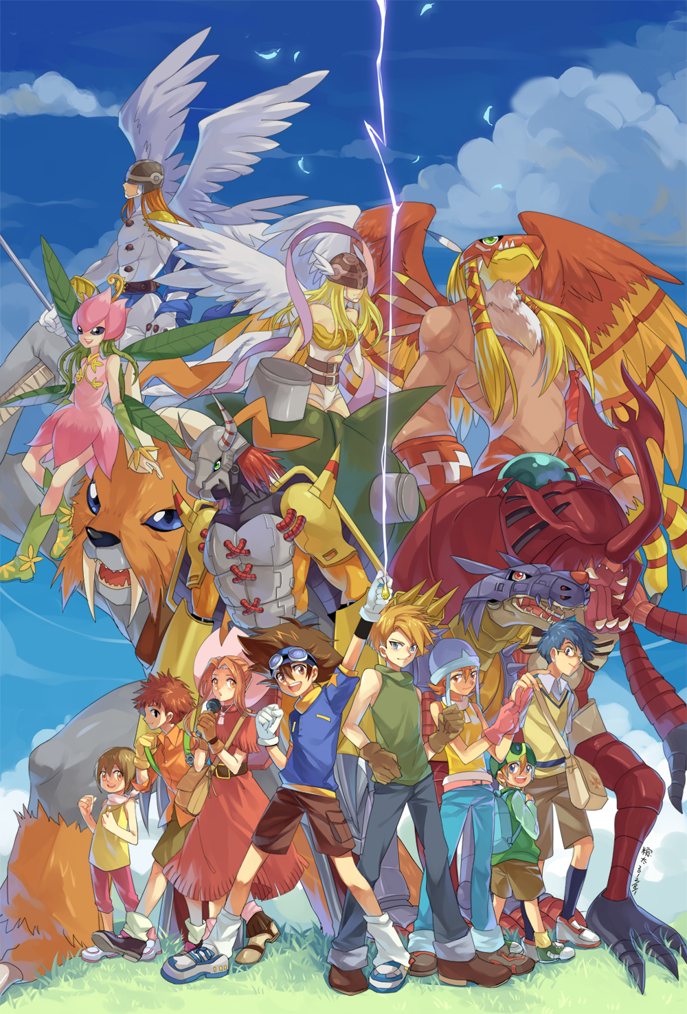 6+boys angel_wings angemon angewomon asymmetrical_clothes atlurkabuterimon bad_id bad_pixiv_id bag bare_shoulders belt blonde_hair blue_hair brown_hair claws digimon digimon_adventure everyone fangs garudamon glasses gloves goggles hat highres horns ishida_yamato izumi_koushirou kido_jou lillymon long_hair metalgarurumon monster multiple_boys multiple_girls orange_hair ricebutton short_hair sky smile tachikawa_mimi takaishi_takeru takenouchi_sora wargreymon wings yagami_hikari yagami_taichi zudomon