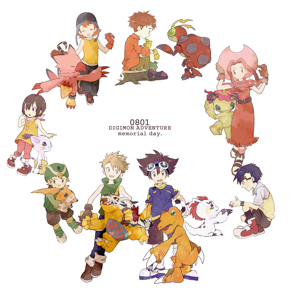 5boys agumon blonde_hair blue_eyes blue_hair brown_eyes brown_hair chip202 claws digimon digimon_adventure dress everyone fringe_trim gabumon glasses gloves goggles gomamon green_eyes hat horn ishida_yamato izumi_koushirou kido_jou long_dress long_hair monster multiple_boys multiple_girls orange_hair palmon patamon piyomon short_hair tachikawa_mimi tailmon takaishi_takeru takenouchi_sora tentomon yagami_hikari yagami_taichi