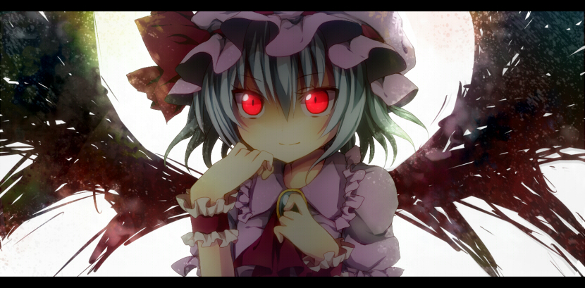 ascot blue_hair glowing glowing_eyes hand_on_own_cheek hat hat_ribbon hinase_haruka letterboxed looking_at_viewer red_eyes remilia_scarlet ribbon short_sleeves smile solo touhou wings wrist_cuffs