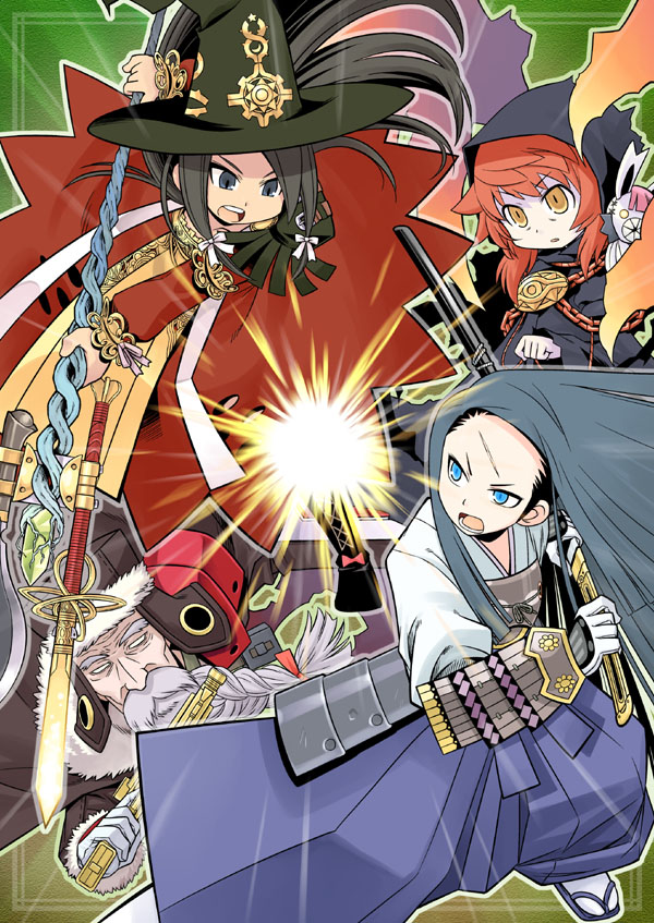 3girls armor artelind bandana battle black_hair blue_eyes blue_hair bushidou_(sekaiju) curse_maker doctor_magus geta glowing hat japanese_armor japanese_clothes kimono long_sleeves magic minami_juujisei multiple_girls orange_hair purple_eyes ren_(sekaiju) samurai sekaiju_no_meikyuu shaded_face sidelocks tabi tlachtga wilhelm_(sekaiju) witch_hat