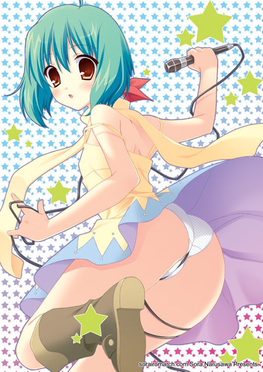 boots dress green_hair macross macross_frontier microphone narusawa_sora panties ranka_lee solo underwear