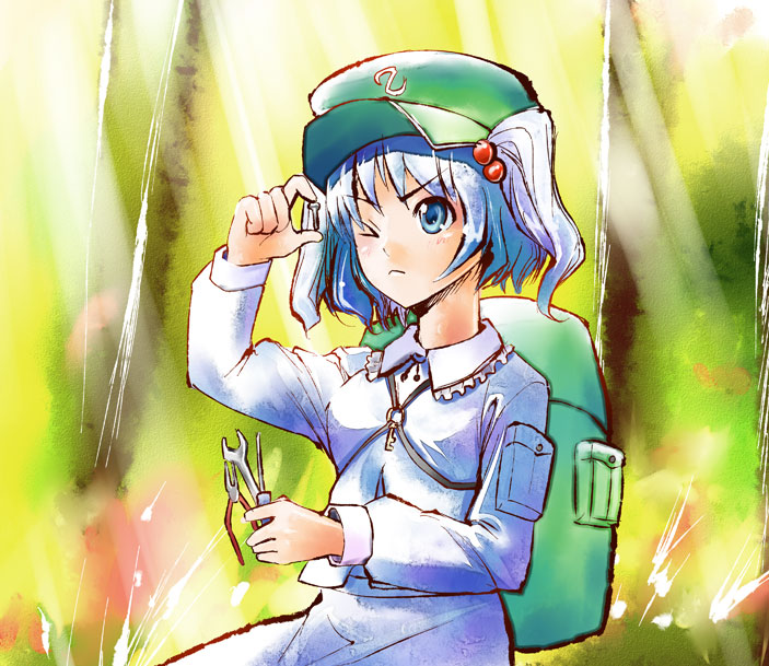 backpack bag blue_eyes blue_hair hair_bobbles hair_ornament hat kawashiro_nitori key one_eye_closed pliers screw screwdriver solo tools touhou two_side_up wrench yuugo_(atmosphere)