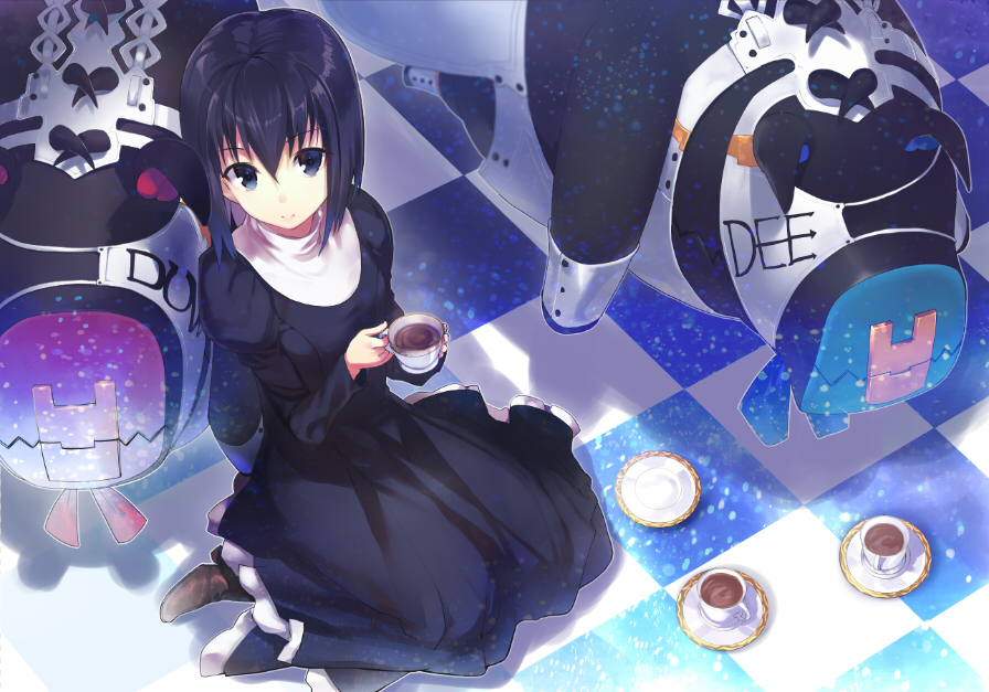 black_hair blue_eyes checkered checkered_floor cup dress kuonji_alice mahou_tsukai_no_yoru saucer shirabi short_hair sitting solo teacup tweedledee tweedledum wariza