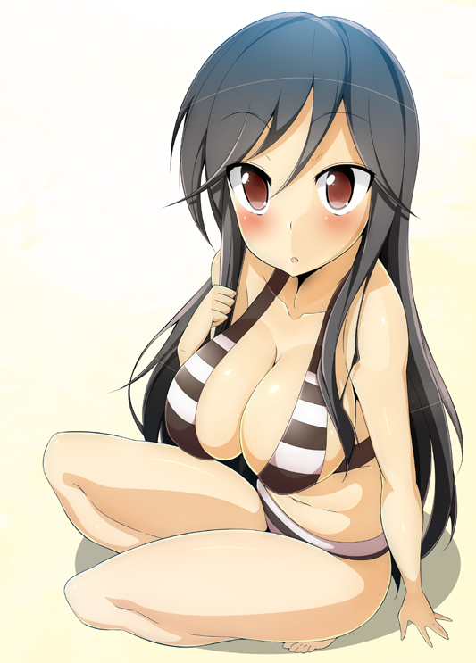 :o a_channel bikini black_hair blush breasts cleavage large_breasts long_hair nishi_yuuko red_eyes seiza simple_background sitting solo striped striped_bikini swimsuit toudori tsurime